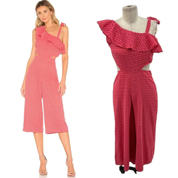 Tularosa x Revolve Belle Jumpsuit in Coral Pink One Shoulder Wide Leg Medium